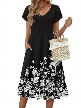 Women Midi Dresses Short Sleeve Casual Flowy A Line V Neck Pleated Sundress